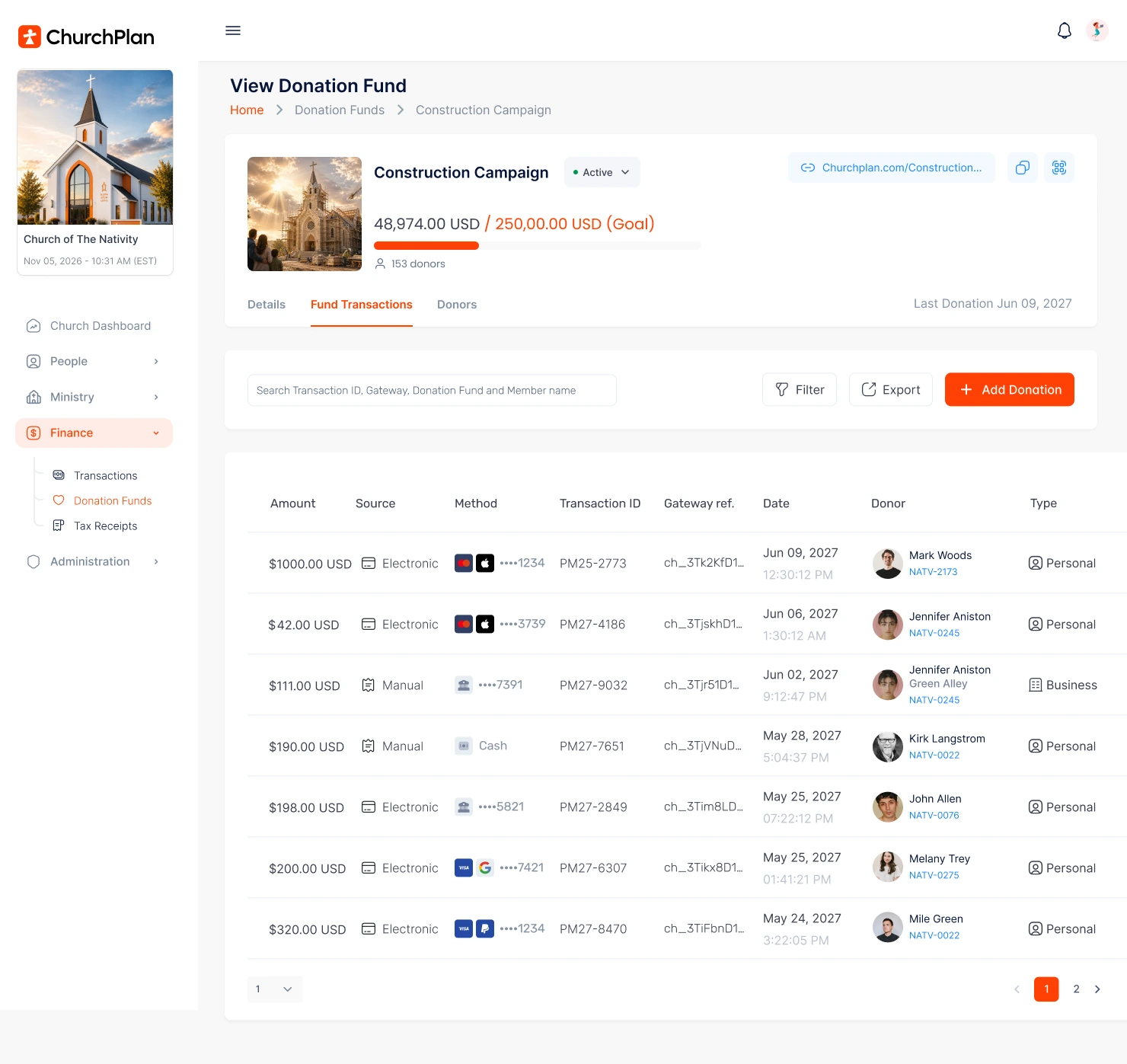 ChurchPlan admin portal Donation Transactions table