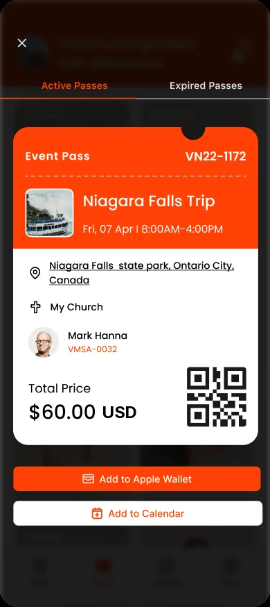 Event pass with QR code on mobile