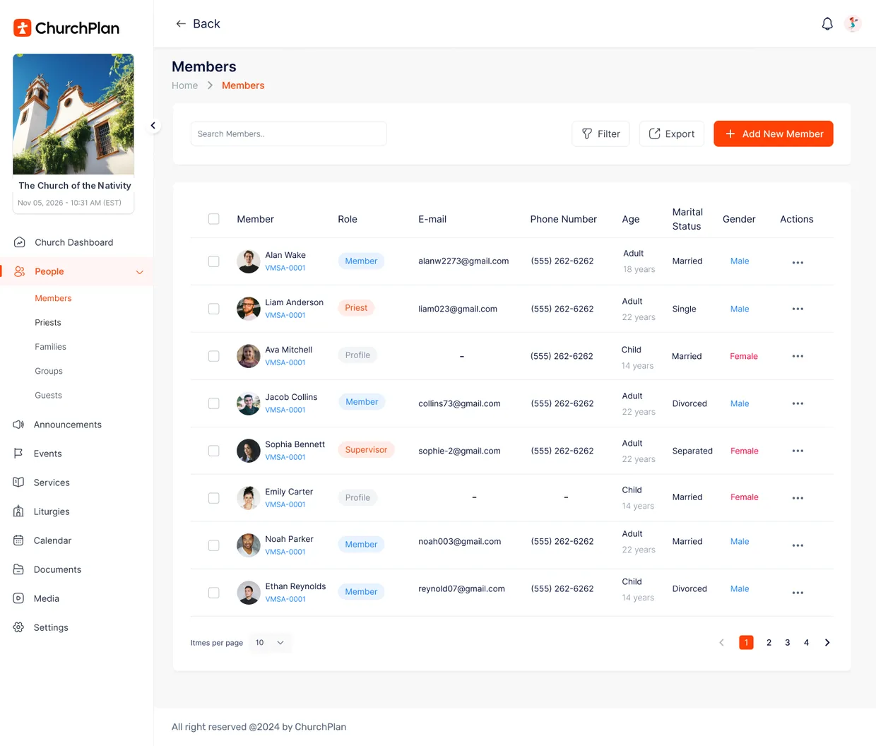 Members list in the admin portal