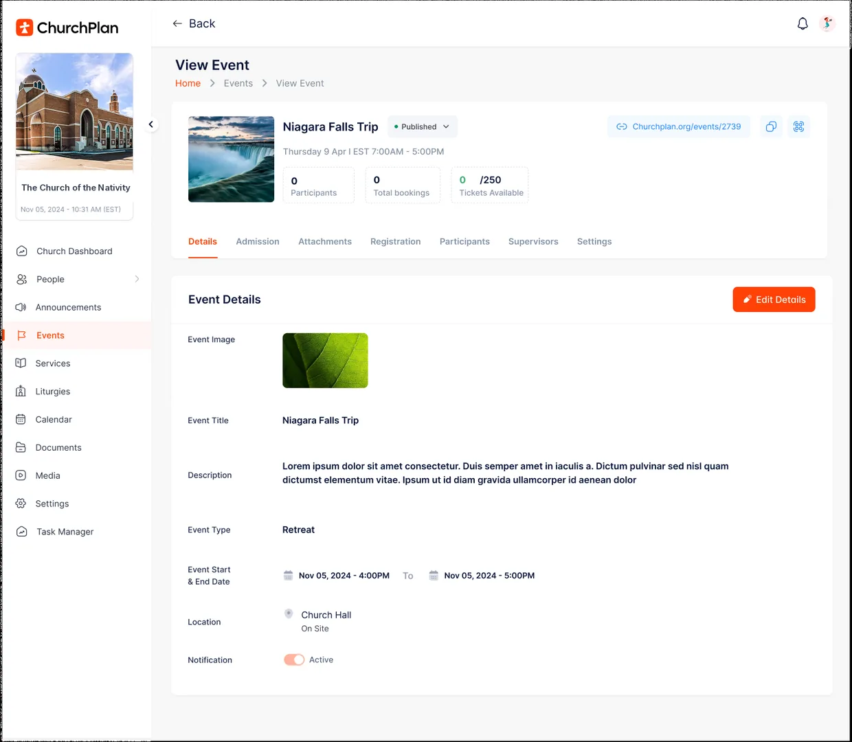Event details in the admin portal